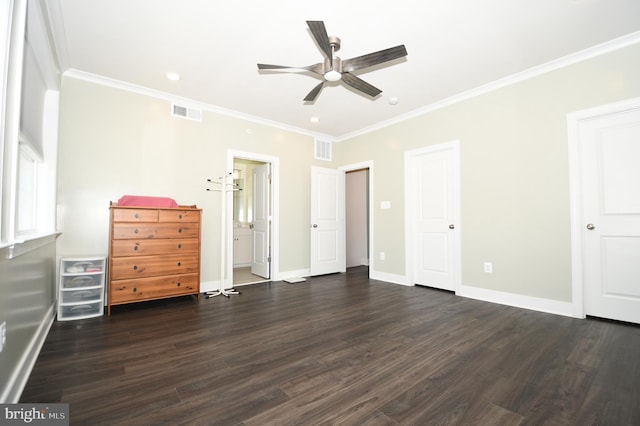 41 Green Dome Pl, Gaithersburg, MD 20878 - bedroom with dark wood-style floors, crown molding, baseboards, a ceiling fan, and multiple closets