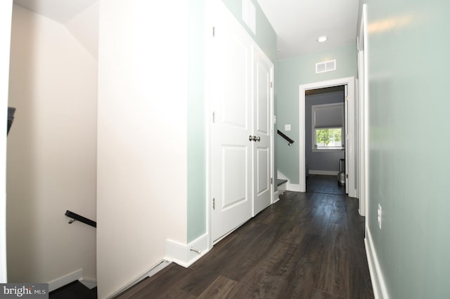 41 Green Dome Pl, Gaithersburg, MD 20878 - corridor featuring baseboards, dark wood-style flooring, an upstairs landing, and recessed lighting