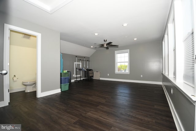 41 Green Dome Pl, Gaithersburg, MD 20878 - unfurnished living room with baseboards, dark wood-style flooring, ceiling fan, lofted ceiling, and recessed lighting