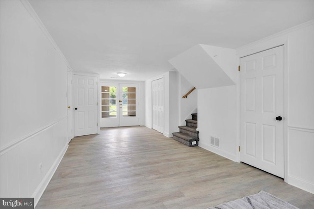 200 Boxwood Ln, Cinnaminson, NJ 08077 - unfurnished living room featuring french doors, stairway, wood finished floors, and baseboards