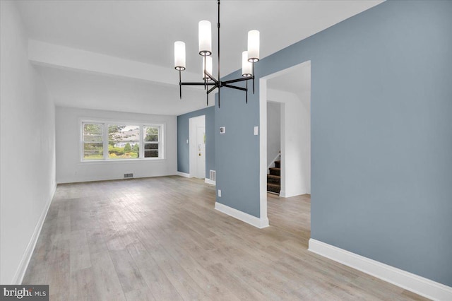 200 Boxwood Ln, Cinnaminson, NJ 08077 - unfurnished dining area with a chandelier, stairway, light wood finished floors, and baseboards