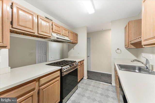 1707 Waters Edge Dr Unit 07, Newark, DE 19702 - kitchen with stainless steel range with gas stovetop, a sink, under cabinet range hood, light flooring, and light countertops