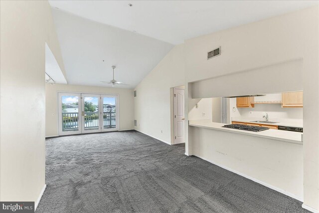 1707 Waters Edge Dr Unit 07, Newark, DE 19702 - unfurnished living room featuring dark colored carpet, a sink, high vaulted ceiling, a ceiling fan, and baseboards