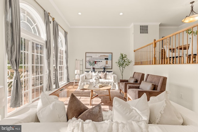 living area with ornamental molding