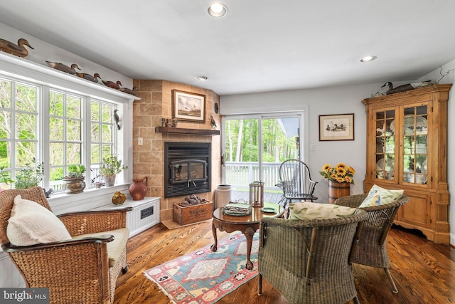 13928 Green Branch Dr, Phoenix, MD 21131 - living room featuring wood finished floors, a fireplace, and recessed lighting