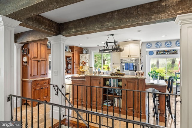 13928 Green Branch Dr, Phoenix, MD 21131 - bar featuring stainless steel oven, ornate columns, recessed lighting, a sink, and beamed ceiling