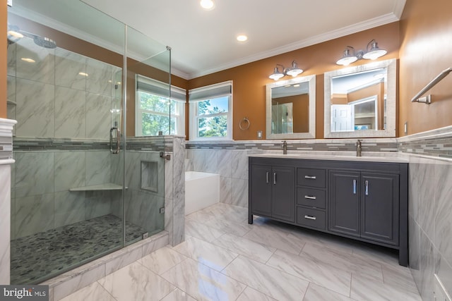 106 Girard Ave, Hatboro, PA 19040 - full bathroom with double vanity, a bath, tile walls, a shower stall, and crown molding