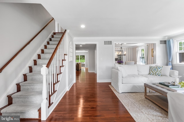 106 Debaran Ln, Bryn Mawr, PA 19010 - living room featuring wood-type flooring, stairway, crown molding, a chandelier, and recessed lighting