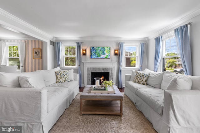 106 Debaran Ln, Bryn Mawr, PA 19010 - living area with ornamental molding, plenty of natural light, and a high end fireplace