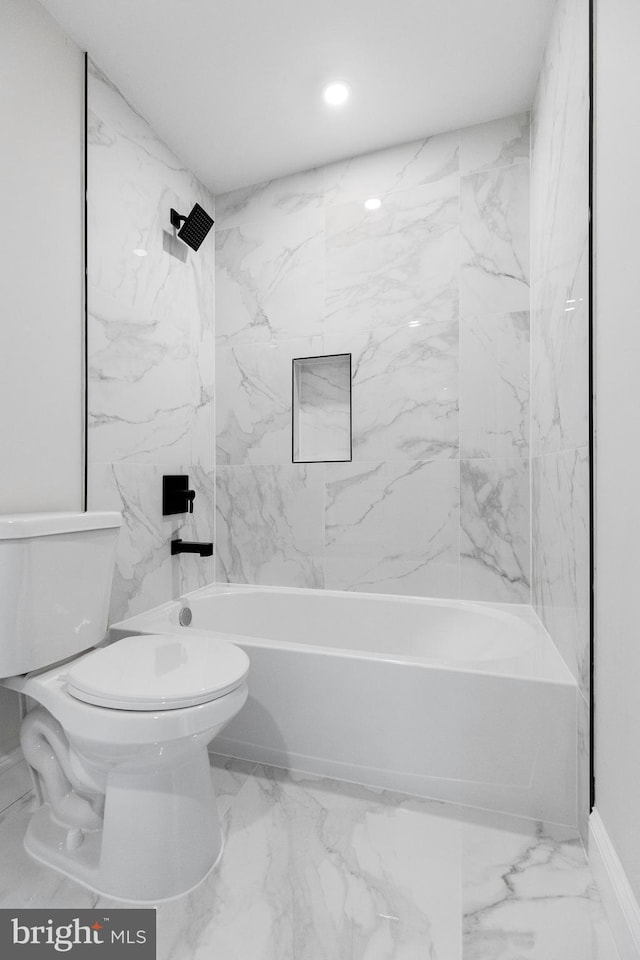 6005 Reed St, Landover, MD 20785 - bathroom with marble look tile flooring, toilet, shower / washtub combination, and recessed lighting