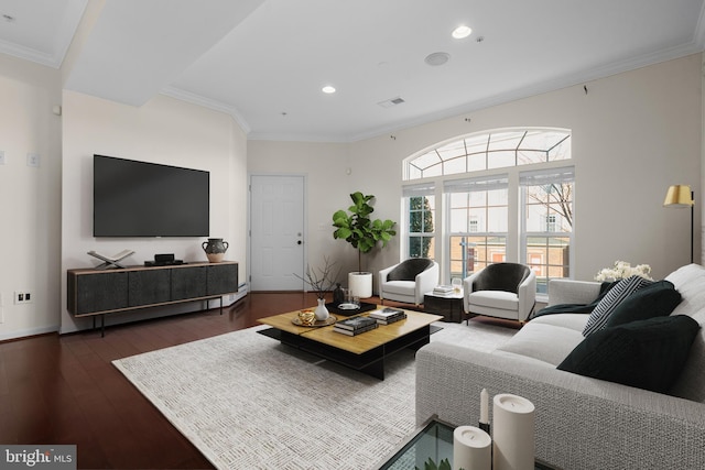 21552 Romans Dr, Ashburn, VA 20147 - living area with dark wood-style floors, ornamental molding, and recessed lighting