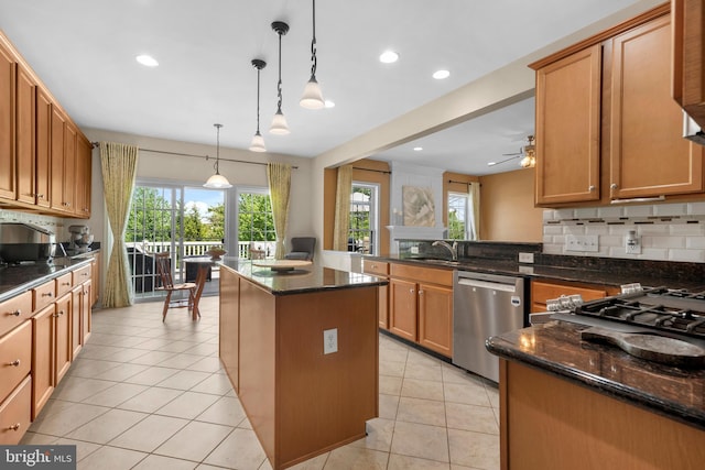 217 Liberty Trail Ct W, Fountainville, PA 18923 - kitchen with stainless steel dishwasher, healthy amount of natural light, a center island, dark stone counters, and recessed lighting