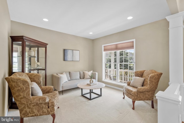 217 Liberty Trail Ct W, Fountainville, PA 18923 - living room featuring light carpet, ornate columns, recessed lighting, and baseboards