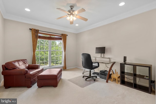 217 Liberty Trail Ct W, Fountainville, PA 18923 - home office with carpet floors, ceiling fan, crown molding, baseboards, and recessed lighting