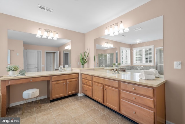 217 Liberty Trail Ct W, Fountainville, PA 18923 - bathroom with a shower stall, vanity, a chandelier, and tile patterned floors