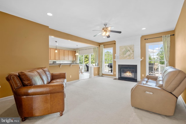 217 Liberty Trail Ct W, Fountainville, PA 18923 - living room featuring plenty of natural light, ceiling fan, baseboards, light colored carpet, and recessed lighting