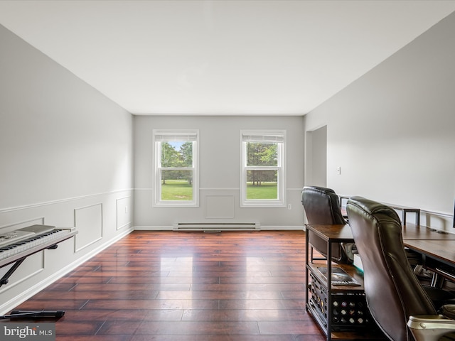 325 Chandler Dr, Shepherdstown, WV 25443 - home office featuring wood-type flooring, a baseboard radiator, and wainscoting