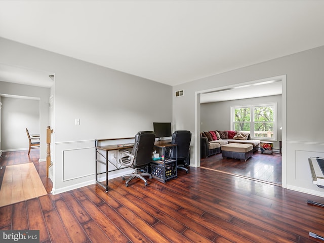 325 Chandler Dr, Shepherdstown, WV 25443 - office area with wood-type flooring, a wainscoted wall, and a decorative wall
