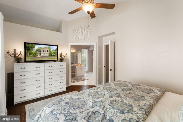 336 Deerpath Ave SW, Leesburg, VA 20175 - bedroom featuring dark wood-style flooring, ensuite bathroom, high vaulted ceiling, and ceiling fan
