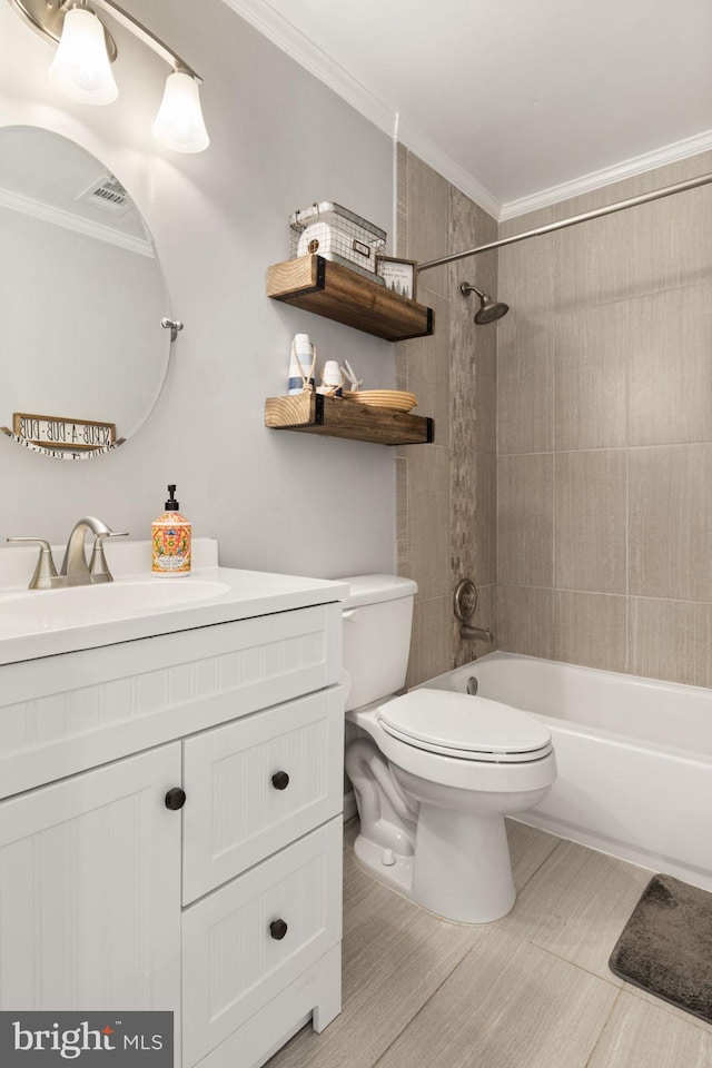 336 Deerpath Ave SW, Leesburg, VA 20175 - bathroom with toilet, crown molding, vanity, and shower / washtub combination
