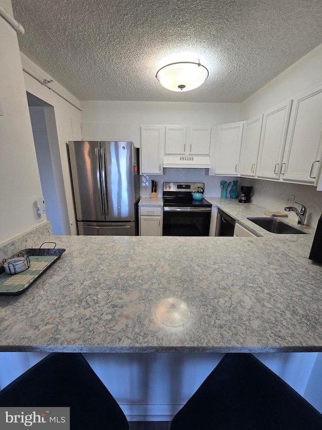 13100 Coastal Hwy Unit 1110, Ocean City, MD 21842 - kitchen featuring freestanding refrigerator, range with electric cooktop, a sink, under cabinet range hood, and a textured ceiling