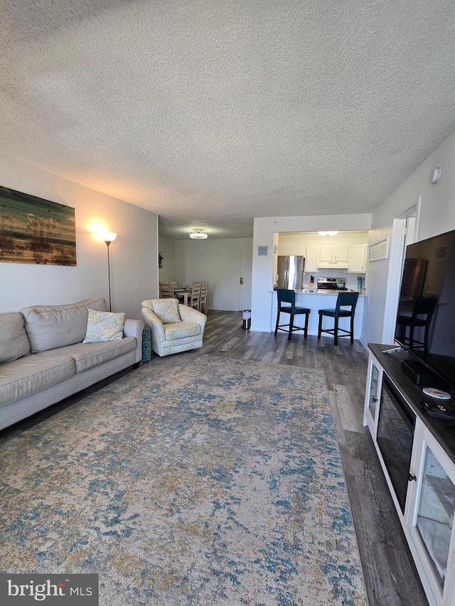 13100 Coastal Hwy Unit 1110, Ocean City, MD 21842 - living room featuring a textured ceiling and dark wood-style floors