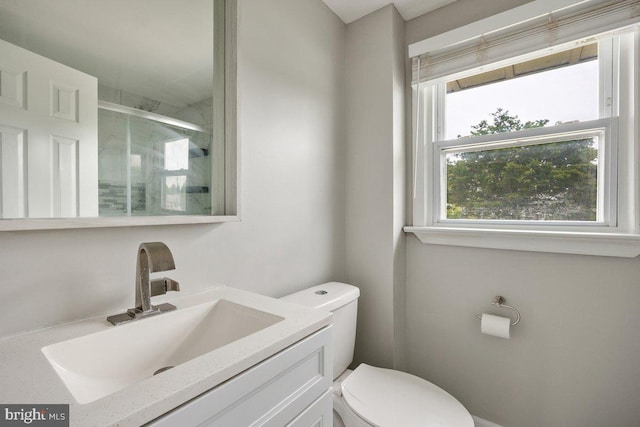 bathroom featuring a shower stall, toilet, and vanity