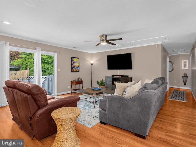 2039 Choptank Ave, Pasadena, MD 21122 - living room with attic access, ceiling fan, crown molding, light wood-style flooring, and recessed lighting