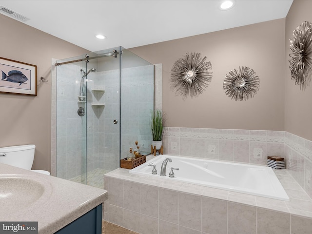 2039 Choptank Ave, Pasadena, MD 21122 - full bathroom with a stall shower, a bath, recessed lighting, toilet, and vanity
