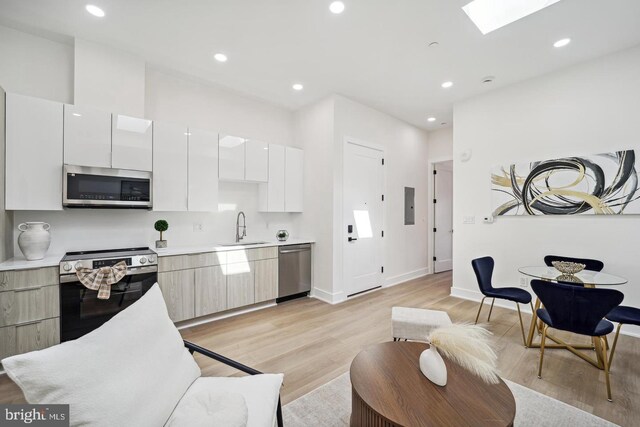 705 Quincy St NE Unit 5D, Washington, DC 20017 - kitchen with stainless steel appliances, a sink, modern cabinets, a skylight, and light wood-style flooring