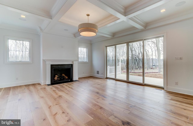 unfurnished living room featuring a fireplace with flush hearth, wood finished floors, beam ceiling, coffered ceiling, and baseboards