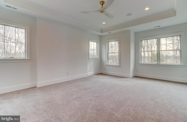 spare room featuring a raised ceiling, light carpet, ceiling fan, baseboards, and ornamental molding