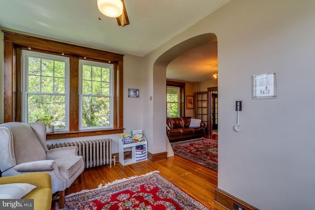 466 E Main St, Leola, PA 17540 - living room featuring radiator, arched walkways, wood finished floors, and plenty of natural light