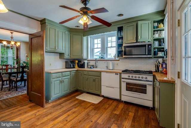 466 E Main St, Leola, PA 17540 - kitchen featuring appliances with stainless steel finishes, green cabinetry, open shelves, and a sink