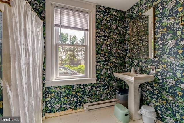 466 E Main St, Leola, PA 17540 - bathroom with a baseboard radiator, wallpapered walls, tile patterned floors, and baseboards
