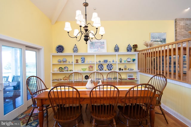 4906 Timbermarsh Ln, Woolford, MD 21677 - dining space with wood finished floors, a chandelier, baseboards, and lofted ceiling
