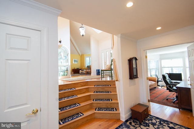 4906 Timbermarsh Ln, Woolford, MD 21677 - hall featuring an office area, wood-type flooring, baseboards, ornamental molding, and recessed lighting