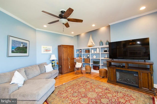 4906 Timbermarsh Ln, Woolford, MD 21677 - living area featuring wood finished floors, ceiling fan, recessed lighting, and crown molding