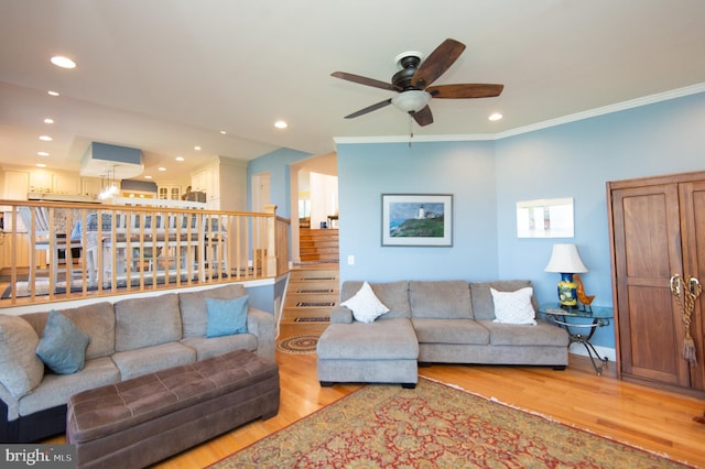 4906 Timbermarsh Ln, Woolford, MD 21677 - living area featuring ceiling fan, wood finished floors, recessed lighting, stairway, and ornamental molding