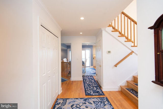 4906 Timbermarsh Ln, Woolford, MD 21677 - foyer entrance featuring light wood-type flooring, recessed lighting, crown molding, stairway, and baseboards