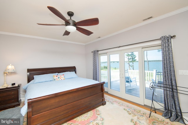 4906 Timbermarsh Ln, Woolford, MD 21677 - bedroom featuring access to outside, ornamental molding, wood finished floors, a water view, and a ceiling fan