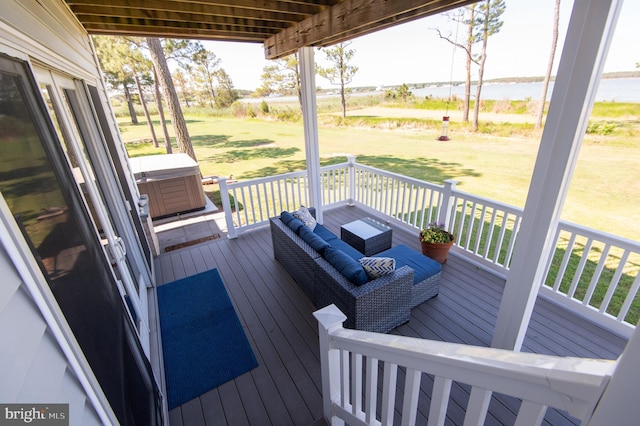 4906 Timbermarsh Ln, Woolford, MD 21677 - wooden deck featuring a hot tub, a yard, and a water view