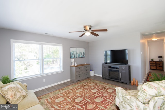 4906 Timbermarsh Ln, Woolford, MD 21677 - living room with wood finished floors, ceiling fan, baseboards, and a fireplace
