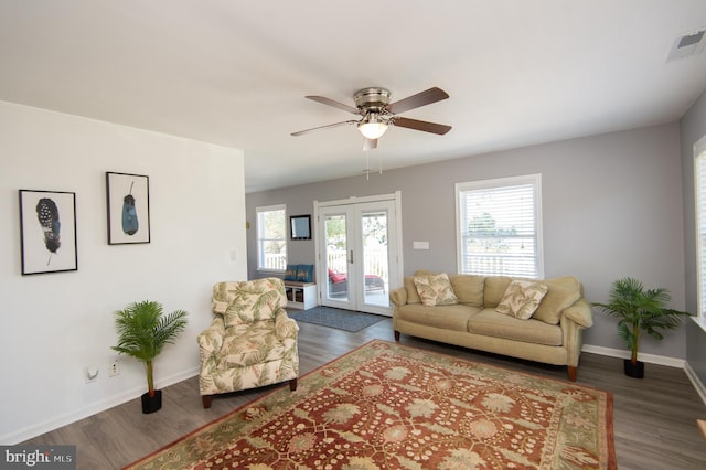 4906 Timbermarsh Ln, Woolford, MD 21677 - living area with french doors, a ceiling fan, baseboards, and wood finished floors