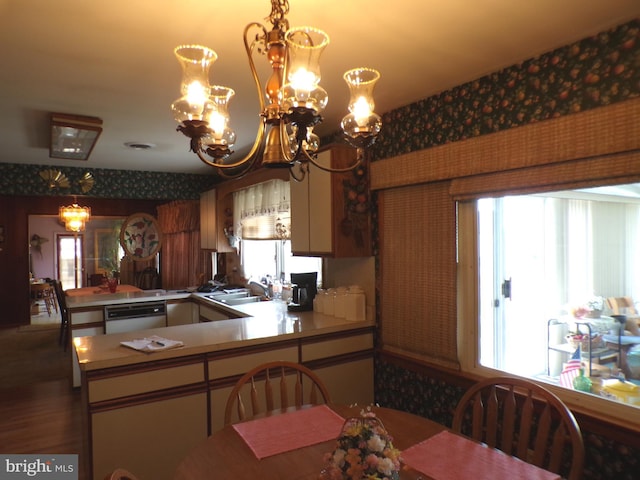 2713 Rowe Rd, New Windsor, MD 21776 - kitchen with a sink, a chandelier, a peninsula, and dishwasher