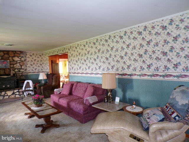 2713 Rowe Rd, New Windsor, MD 21776 - living room featuring wallpapered walls, ornamental molding, and carpet