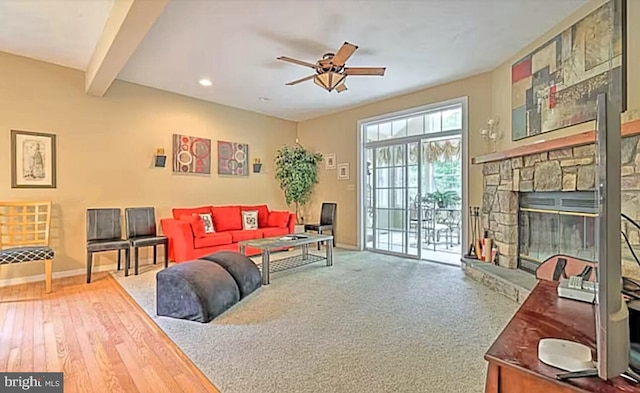 554 Pinecrest Dr, Pocono Pines, PA 18350 - living area with a ceiling fan, baseboards, beam ceiling, recessed lighting, and wood finished floors