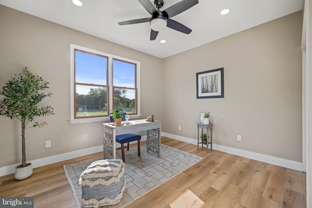 office area featuring recessed lighting, baseboards, a ceiling fan, and wood finished floors