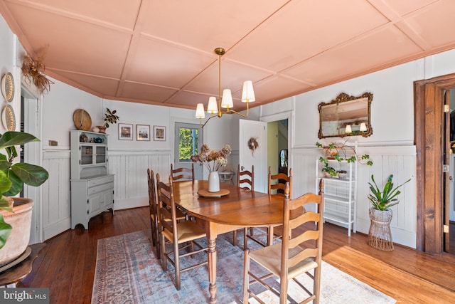 3947 Hebron Valley Rd, Madison, VA 22727 - dining room with hardwood / wood-style floors, a chandelier, wainscoting, a decorative wall, and coffered ceiling