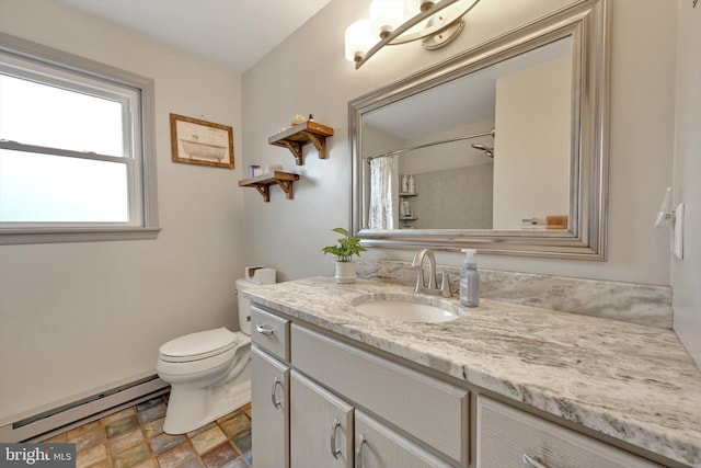 191 Meadow Dr, Mohrsville, PA 19541 - bathroom with a baseboard radiator, toilet, vanity, stone finish flooring, and a shower with curtain